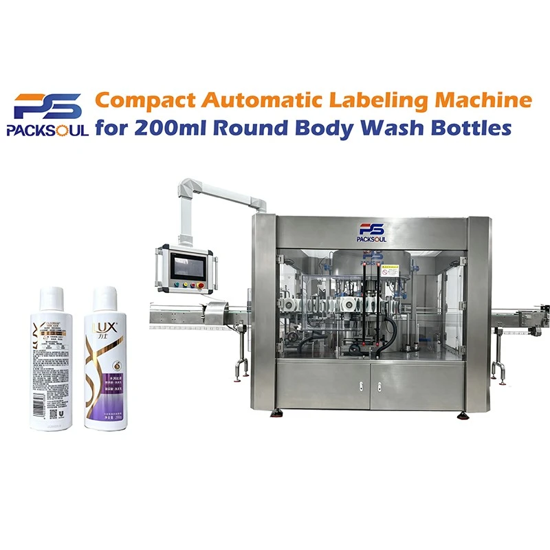 Etiketteermachine voor lichaamswasflessen van 200 ml